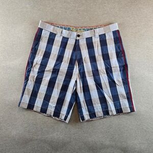 Robert Graham Plaid Shorts Mens 38 Blue Gray Striped Designer‎ Embroidered Hem